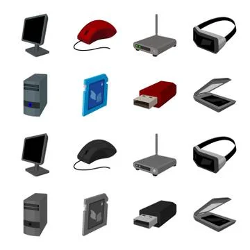 A system unit, a flash drive, a scanner and a SD card. Personal computer set Stock Illustration