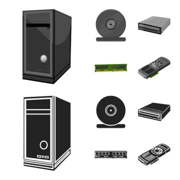 System unit, memory card and other equipment. Personal computer set collection Stock Illustration