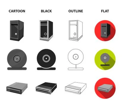 System unit, memory card and other equipment. Personal computer set collection Illustrazione stock