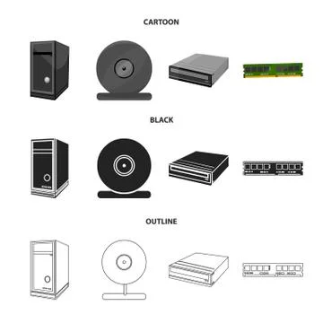 System unit, memory card and other equipment. Personal computer set collection Illustrazione stock