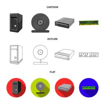 System unit, memory card and other equipment. Personal computer set collection Illustrazione stock