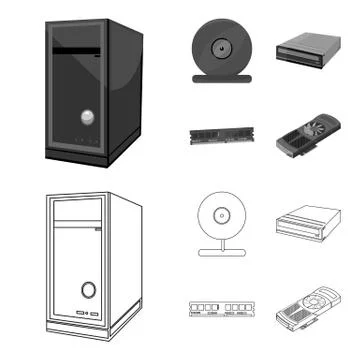 System unit, memory card and other equipment. Personal computer set collection Stock Illustration