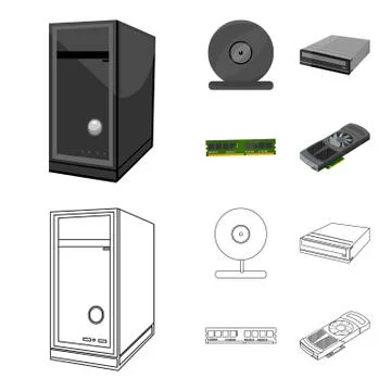 System unit, memory card and other equipment. Personal computer set collection Illustrazione stock