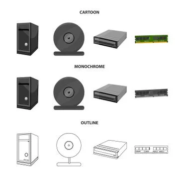 System unit, memory card and other equipment. Personal computer set collection Illustrazione stock