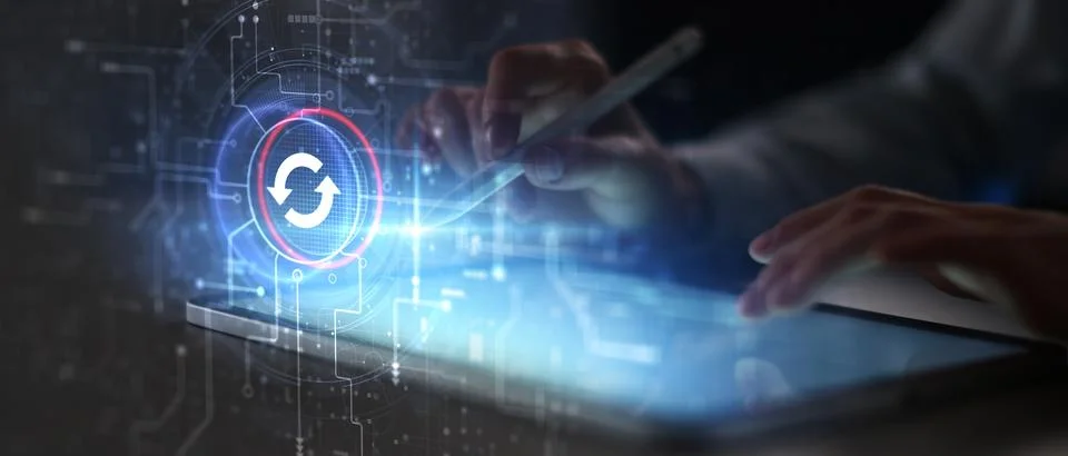 System Update and Data Synchronization Interface Illustrated on Futuristic Di Stock Photos