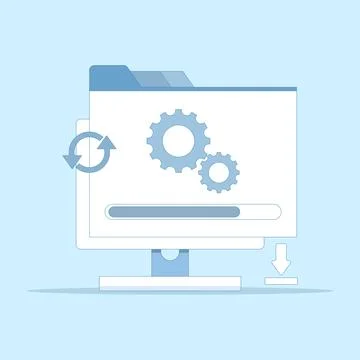 System update concept, Laptop screen with gears. Illustrazione stock