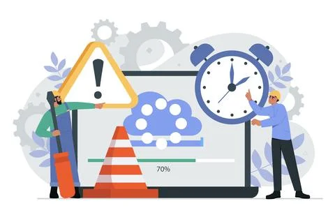 System update concept. Men in uniform near laptop. Updating operating system and Stock Illustration