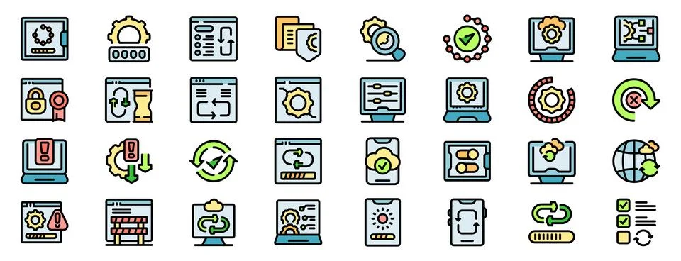 System update icons set featuring software installation, updating process, sy Stock Illustration