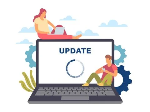 System update. Maintenance process. Man and woman with devices. Loading circle Stock Illustration