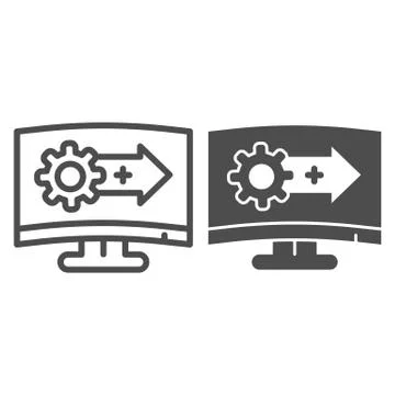 System upgrade line and solid icon. Software update, gear with arrow on monitor Stock Illustration