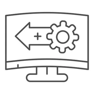 System upgrade thin line icon. Software update, gear with arrow on monitor 스톡 일러스트