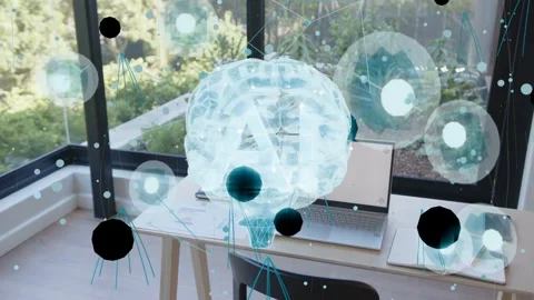 On system wake holographic cyan brain labeled AI rotating and pulling nodes, Stock Footage 337579118
