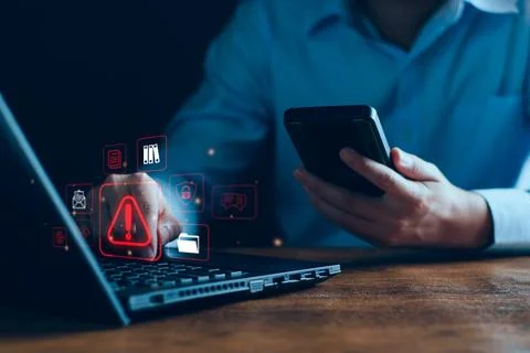 System warning hacked alert, cyber attack on computer network. programmer, .. Stock Photos