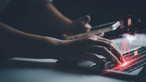 System warning hacked alert, cyber attack on computer network. programmer, Bu Foto stock