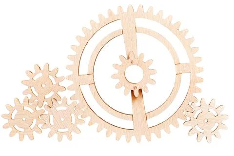 System of wooden gears of different sizes. Isolated on white Stock Illustration