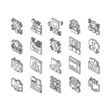 System Work Process Collection isometric icons set vector Stock Illustration