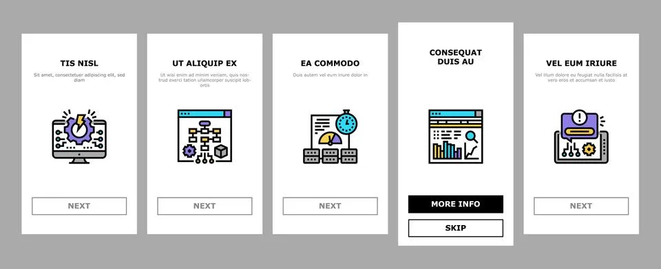 System Work Process Onboarding Icons Set Vector Illustrazione stock