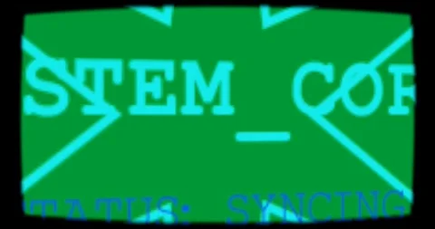 SYSTEM_CORE being boot-triggered, forming cyan X, streaming code, syncing on Stock Footage 327338620