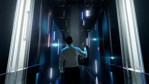 Systeme immunitaire numerique. Man in Futuristic Office Interior Moving and Stock Footage 259918826