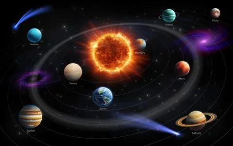 Systemic planets. Solar system. Planetary ring. Mercury and Neptune orbits. Star Stock Illustration