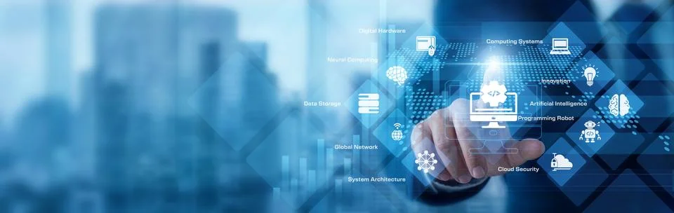 Systems engineer analyzing digital data pointing hand at Computer Science g.. Stock Photos