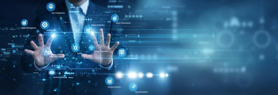Systems engineer smoothly deploying software. Using Hands to manage DevOps .. 写真素材