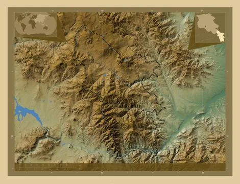 Syunik, Armenia. Colored elevation map with lakes and rivers Illustrazione stock