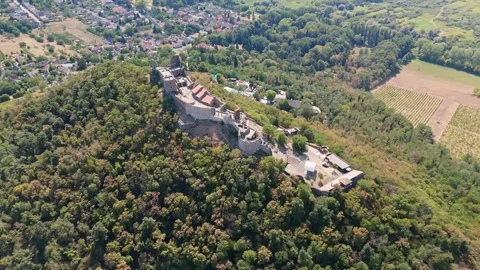 Szigliget Castle ruins above Lake Balaton with forests and vineyards. Stock Footage 345976342