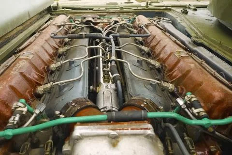 T-72 tank engine, view from open maintenance hatch. Stock Photos