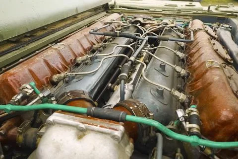 T-72 tank engine, view from open maintenance hatch. Stock Photos