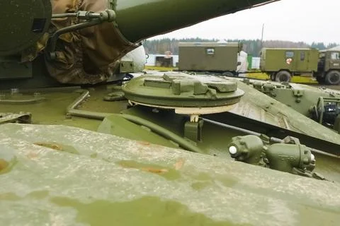 T-72 tank testing at proving ground overall view with hull and turret details Stock Photos