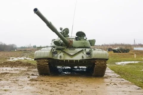 T-72 tank testing at proving ground overall view with hull and turret details Stock Photos