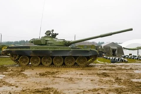 T-72 tank testing at proving ground overall view with hull and turret details Stock Photos