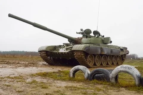 T-72 tank testing at proving ground overall view with hull and turret details Stock Photos