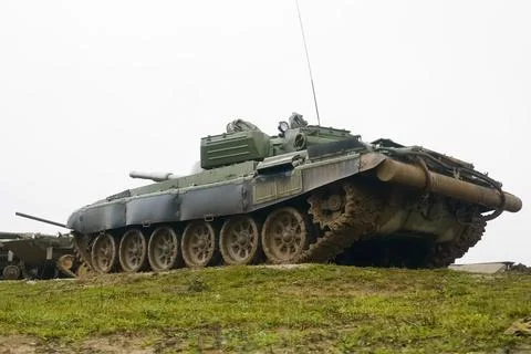 T-72 tank testing at proving ground overall view with hull and turret details Stock Photos
