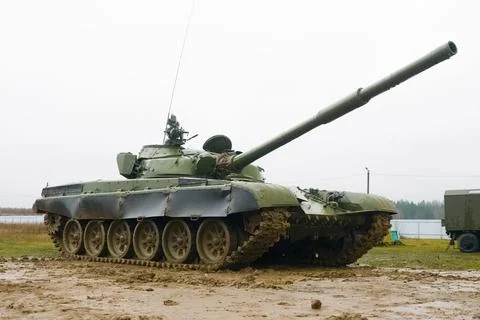 T-72 tank testing at proving ground overall view with hull and turret details Stock Photos