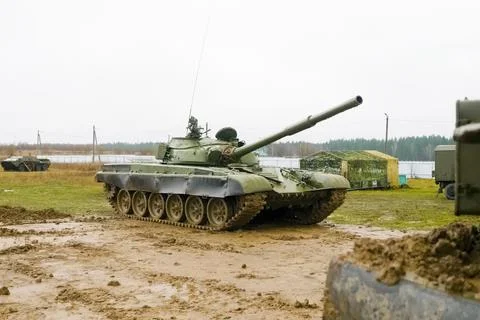 T-72 tank testing at proving ground overall view with hull and turret details Stock Photos