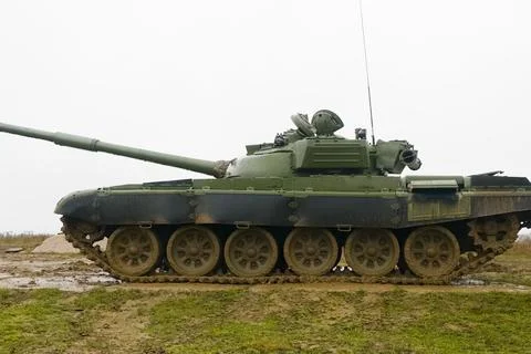 T-72 tank testing at proving ground overall view with hull and turret details Stock Photos