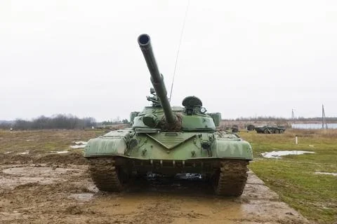 T-72 tank testing at proving ground overall view with hull and turret details Stock Photos