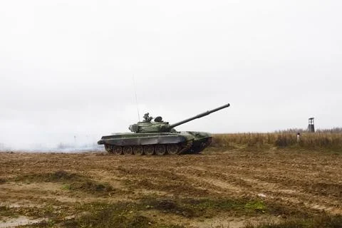 T-72 tank testing at proving ground overall view with hull and turret details Stock Photos