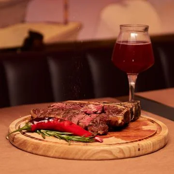 T bone Beef Grilled steak meat with rosemary branch, pepper, salt and glass o Stock Photos