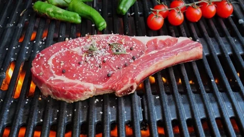 T bone beef steak on grill grate, sprinkle spices, flame. Close up. Slow motion Vídeos de archivo 255826060