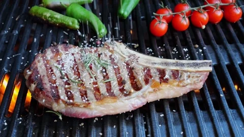 T bone beef steak on grill grate, sprinkle spices, flame. Close up. Slow motion Video stock 255978565