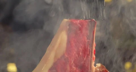 T-bone meat steak on barbecue charcoal grill, chef brushes steak with oil Stock Footage 269835554