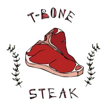 T-bone Steak Beef Cut with Lettering in s Thyme Herb Frame. Meat Guide for Bu Stock Illustration