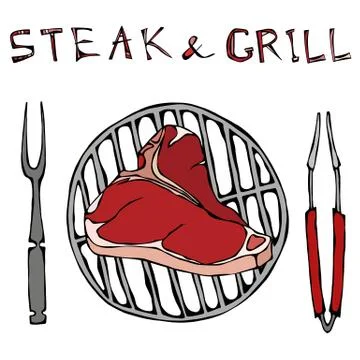 T-Bone Steak on the Grill for Barbecue, Tongs and Fork. Lettering Steak and Stock Illustration