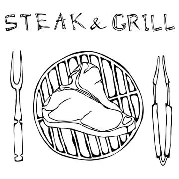 T-Bone Steak on the Grill for Barbecue, Tongs and Fork. Lettering Steak and Stock Illustration