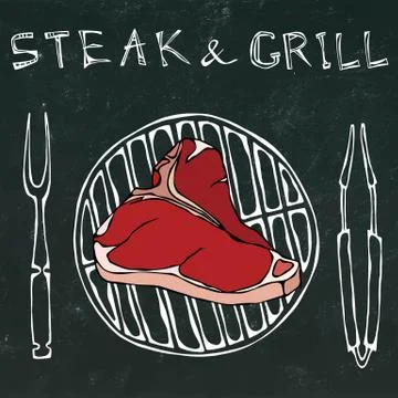 T-Bone Steak on the Grill for Barbecue, Tongs and Fork. Lettering Steak and Stock Illustration