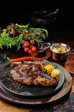 T-Bone steak serving with grilled vegetables on a black round plate on a Stock Photos