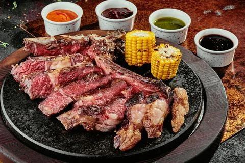 T-Bone Steak serving with grilled vegetables and various sauces on a black round Stock Photos